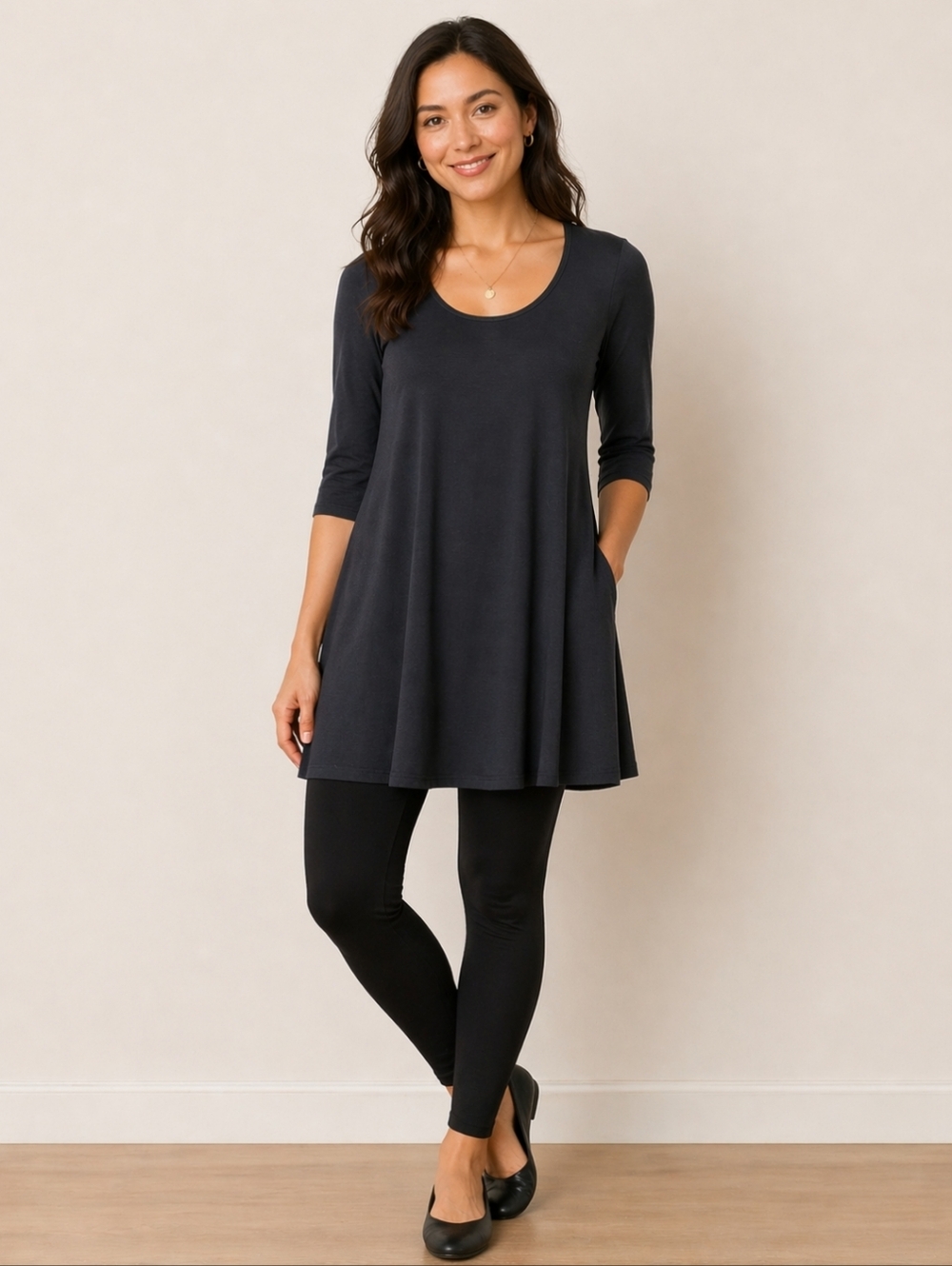 Eileen Fisher Petite Charcoal Scoop Neck 3/4 Sleeve Swing Tunic Top PS